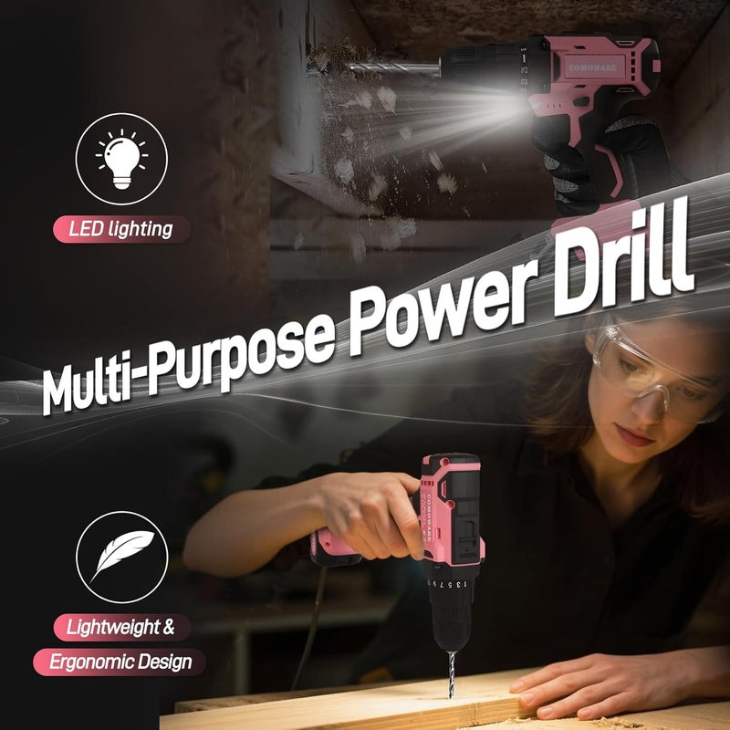 COMOWARE Pink Household Tool Set with 20V Cordless Drill Driver, 120Pcs Hand Tool Kit for Women, Power Drill Set with Plastic Toolbox, Ideal for Office, Garden, DIY Project - Image 5